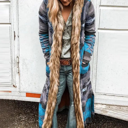 Winter Fur Collar Long Sleeve Print Coat
