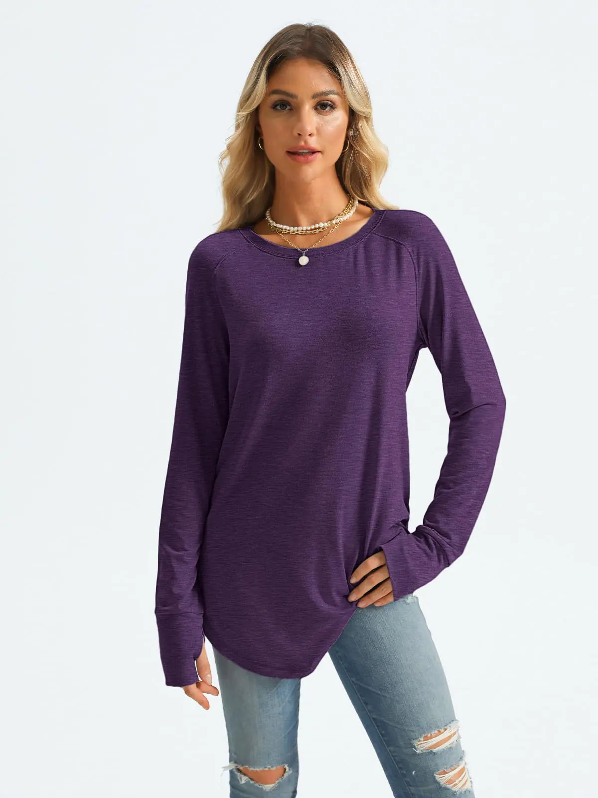 AUTOMET Womens Long Sleeve Shirts Crew Neck Casual Tshirts Fall Fashion Tops Loose Fit Lightweight Y2k Outfits Clothes Purple Small