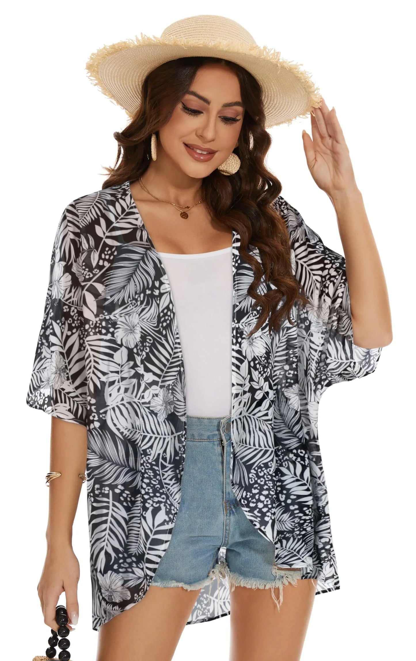 Womens Kimono Beach Cover Up Chiffon Cardigan Floral Tops Loose Capes XX-Large White Leaves