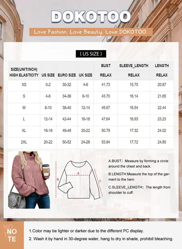 Dokotoo Womens 2024 Winter Fall Solid Turtleneck High Neck Balloon Long Sleeve Sweaters Pullover Outerwear X-Small A Pink