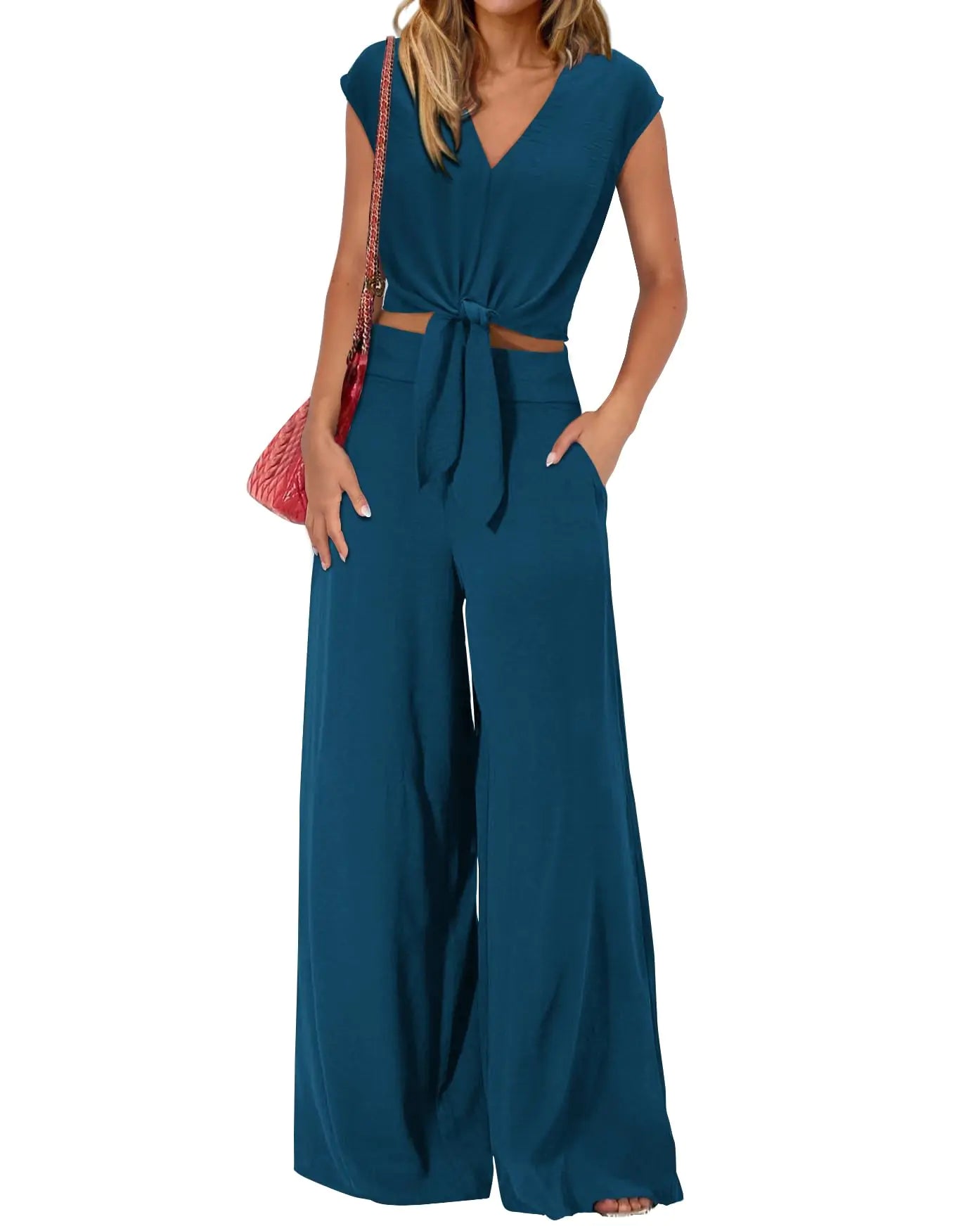 PRETTYGARDEN Women's Summer 2 Piece Outfits 2024 Cap Sleeve V Neck Belted Crop Tops Wide Leg Pant Sets Casual Tracksuit Small Solid Blue Green