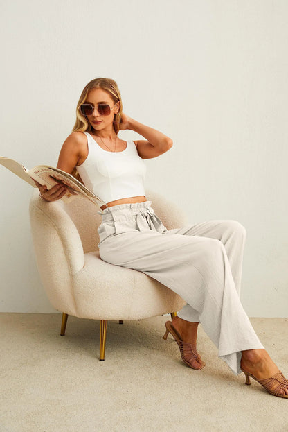 IWOLLENCE Women's Wide Leg Pants with Pockets High Waist Adjustable Knot Loose Casual Trousers Business Work Casual Pants 3X-Large 02 Ivory White