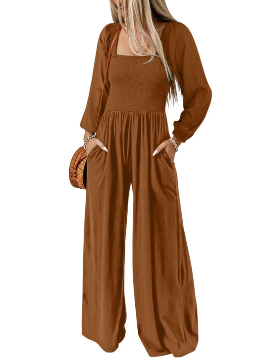 Dokotoo Women's Casual Loose Overalls Jumpsuits One Piece Long Sleeve Wide Leg Long Pant Rompers With Pockets Medium Coffee