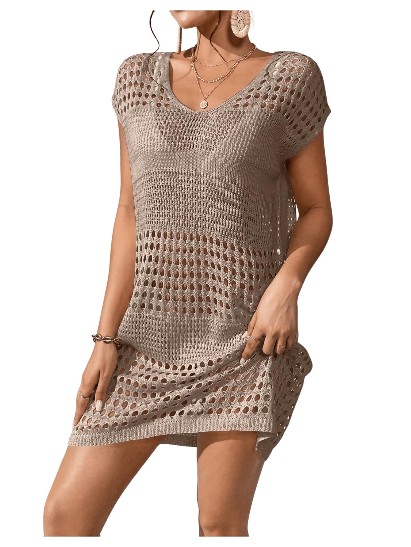 Milumia Womens Swimsuit Short Sleeve Crochet Swim Cover Up Knit Bathing Suit Beach Dress Khaki X-Large