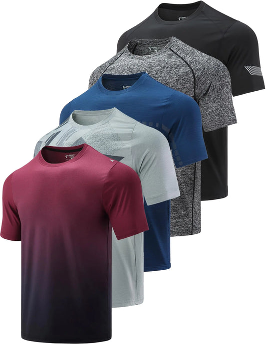 5 Pack Men’s Active Quick Dry Crew Neck T Shirts | Athletic Running Gym Workout Short Sleeve Tee Tops Bulk Light Gray/Gradient Red/Blue/Charcoal/Black Large