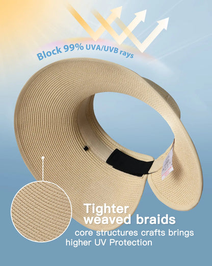 FURTALK Sun Visor Hats for Women Wide Brim Straw Roll-Up Ponytail Summer Beach Hat UV UPF Packable Foldable Travel Medium Beige