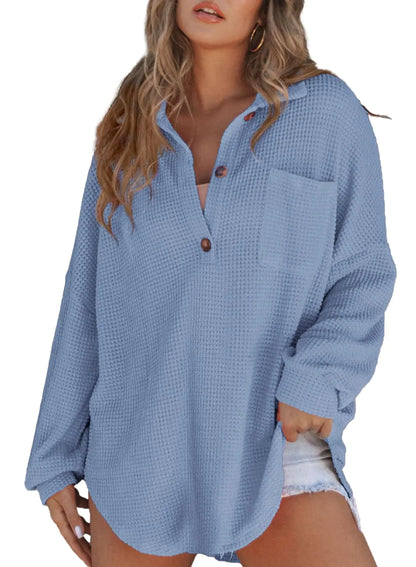 Astylish Women Waffle Knit Tops Henley Shirts Long Sleeve V Neck Solid Color Casual Tunics Large X Sky Blue