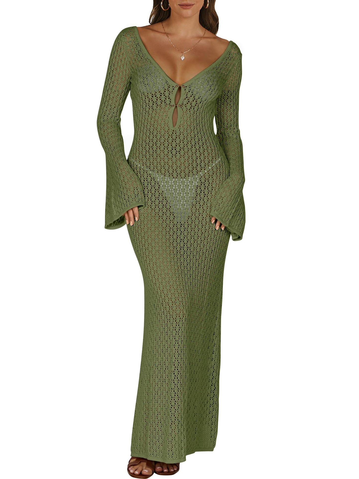ANRABESS Womens Swimsuit Swim Crochet Cover Up 2025 Summer Knit Bathing Suit Sexy Swimwears Vacation Bodycon Beach Dress Army Green Medium