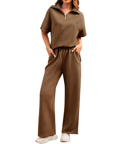 ETOSELL Womens 2 Piece Outfits Textured Lounge Sets Short Sleeve Half Zip Lapel Collar Top and Wide Leg Long Pants Set Sweatsuits Tracksuit