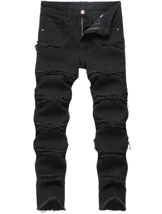 Anbreuinron Boys Black Stacked Jeans Skinny Fit Ripped Destroyed Distressed Fashion Comfy Denim Jeans Pants288A8
