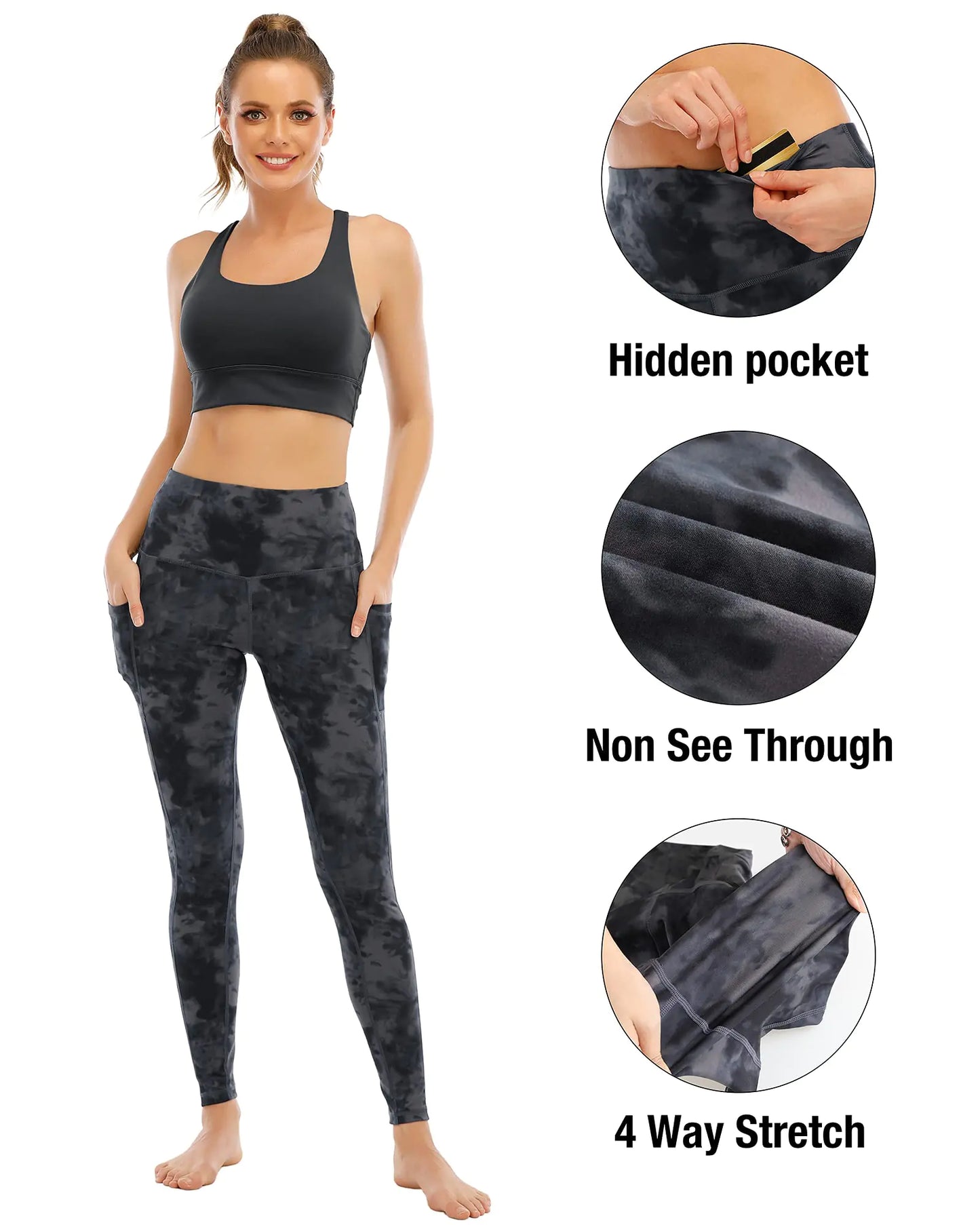 4 Pack Leggings with Pockets for Women,High Waist Tummy Control Workout Yoga Pants 3X-Large 4 Packs-black/Grass Green/Lilac Pink/Steel Blue