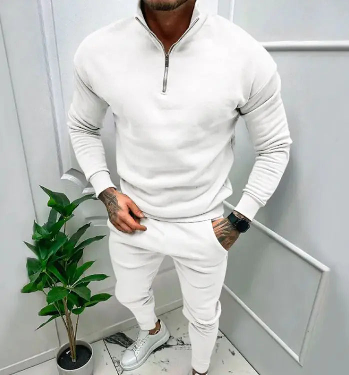 Men's Casual Fleece-lined Solid Color Top And Trousers Suit