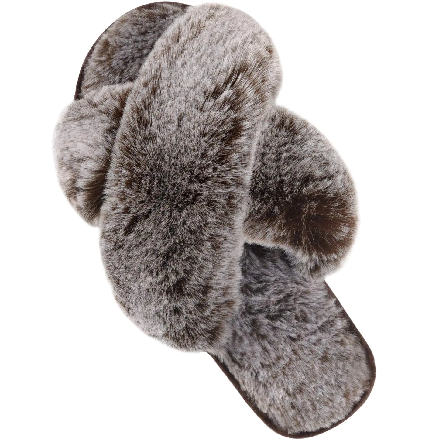 Cozyfurry Womens Cross Band Slippers Cozy Furry Fuzzy House Slippers Open Toe Fluffy Indoor Shoes Outdoor Slip on Warm Breathable Anti-skid Sole 7-8 Tip Coffee