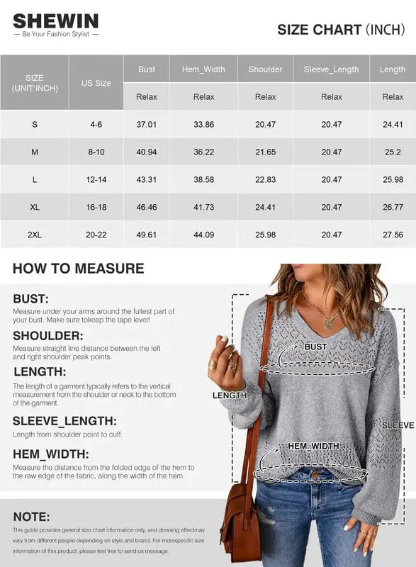 SHEWIN Womens Sweaters Casual Long Sleeve V Neck Lightweight Crochet Pullover Sweater Tops Large A Gray