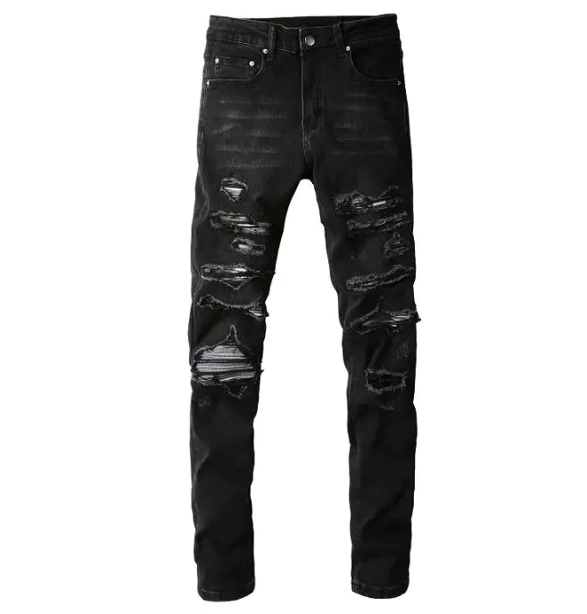 Collated Grey White Dyed Elastic Slim Fit Black Jeans For Men