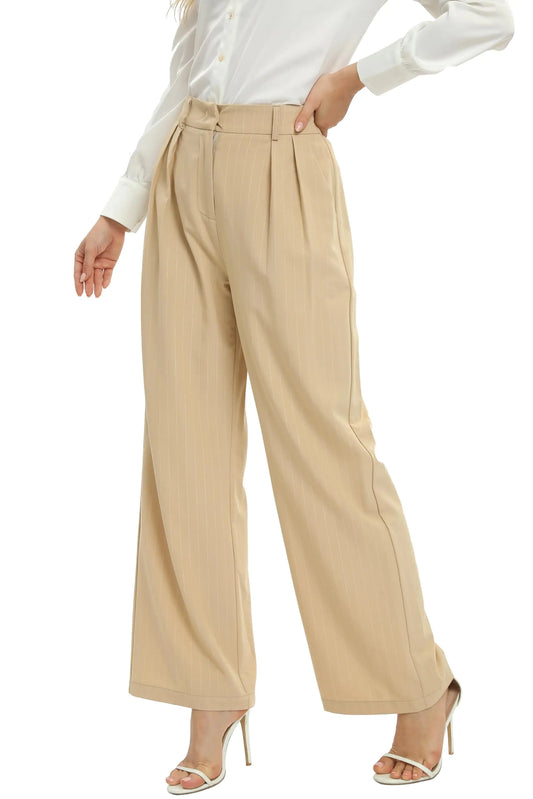 Women Office Wide High Waist Pants Loose Fit Elastic Waist Pleated Front Trousers for Work Casual Small Apricot (Stripe)