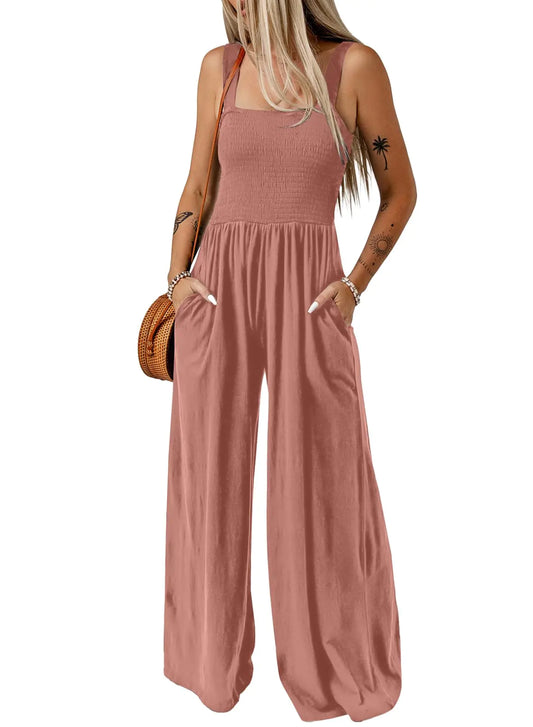 Dokotoo Women's Casual Loose Overalls Jumpsuits One Piece Sleeveless Wide Leg Long Pant Rompers With Pockets X-Small Rose Pink