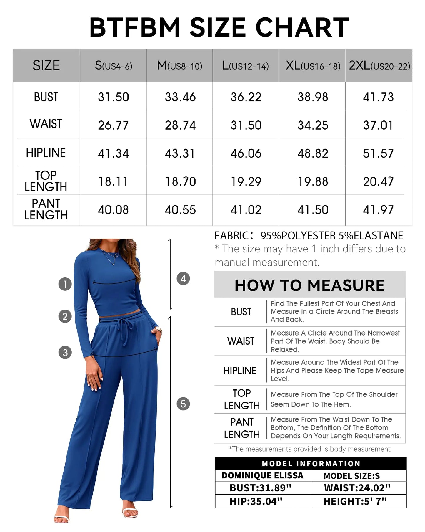 BTFBM Casual 2 Piece Sets For Women Fall Outfits Ribbed Knit Long Sleeve Crop Top Wide Leg Pants Matching Lounge Set Solid Dark Blue XX-Large