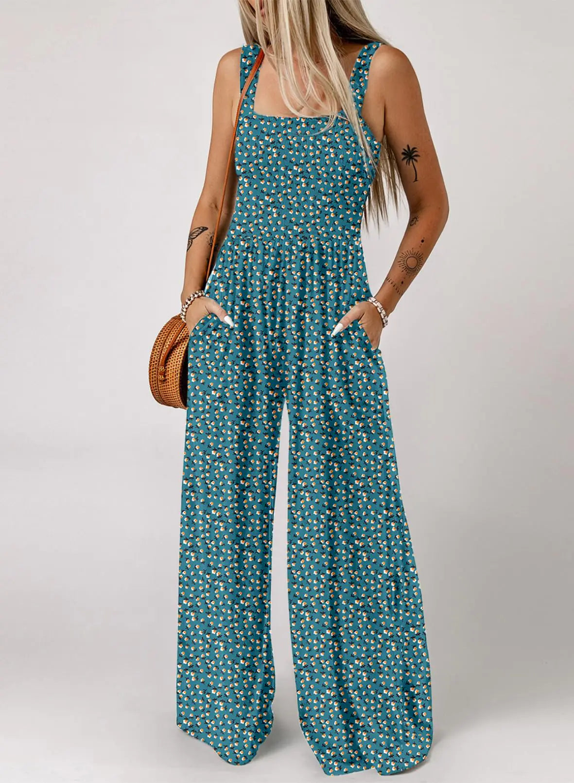 Dokotoo Women's Casual Loose Overalls Jumpsuits One Piece Sleeveless Printed Wide Leg Long Pant Rompers With Pockets XX-Large Green 2