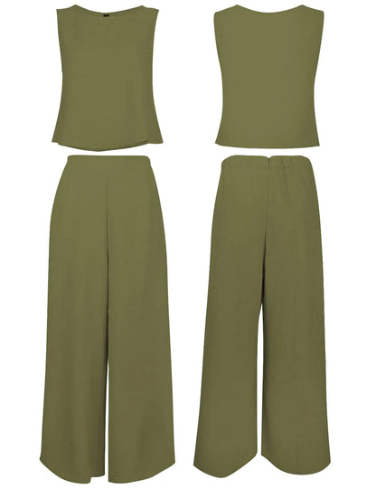 ROYLAMP Women's Summer 2 Piece Outfits Round Neck Crop Basic Top Cropped Wide Leg Pants Set Jumpsuits Olive Green Small