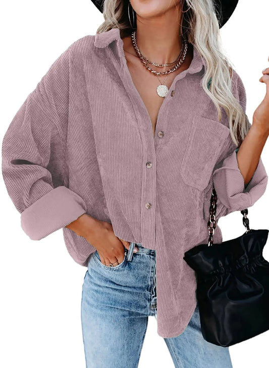 Astylish Women Corduroy Shirts Casual Long Sleeve Button Down Blouses Top Small U Light Purple