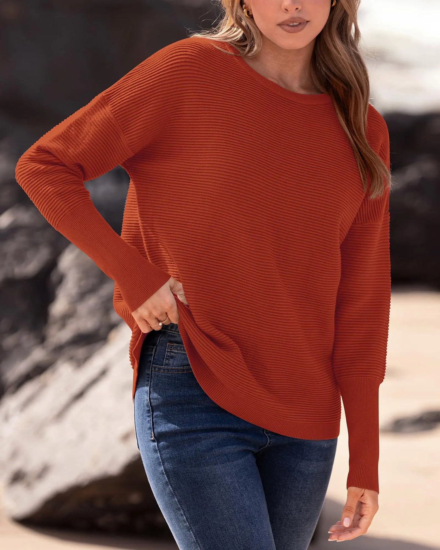 BTFBM Casual Women 2024 Fall Sweater Long Sleeve Ribbed Knit Pullover Loose Crewneck Batwing Split Sweater X-Large Solid Orange Red