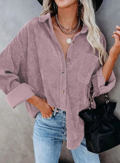 Astylish Women Corduroy Shirts Casual Long Sleeve Button Down Blouses Top Small U Light Purple