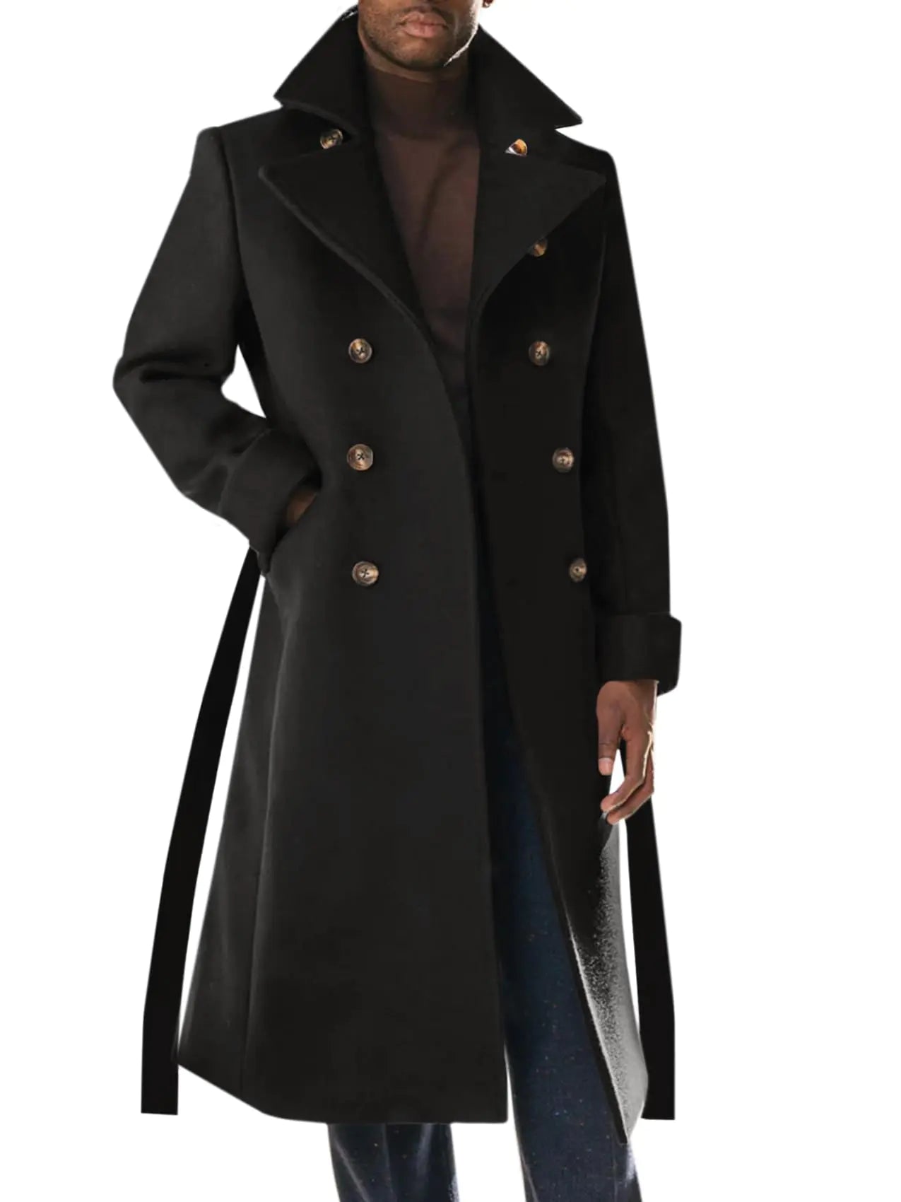 Runcati Mens Trench Coat Notch Lapel Double Breasted Belted Pea Coat Wool Blend Winter Warm Overcoat