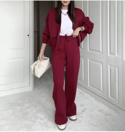 Solid Color Zip-Up Sweater and Casual Trousers Set