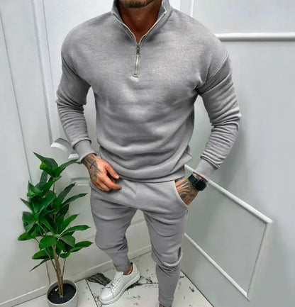 Men's Casual Fleece-lined Solid Color Top And Trousers Suit