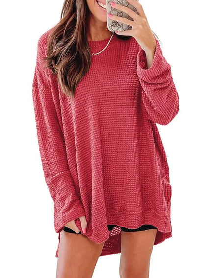 SHEWIN Womens Fall Long Sleeve Tops Crewneck Fall Shirts for Women Solid Color Waffle Knit Tunic Tops X-Large 1 Red