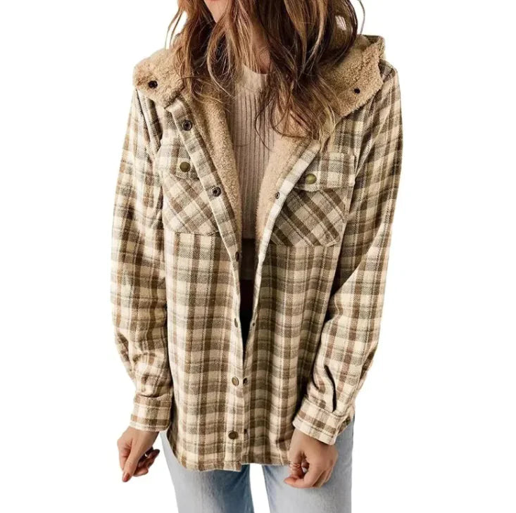 Casual Plaid Hooded Woolen Coat