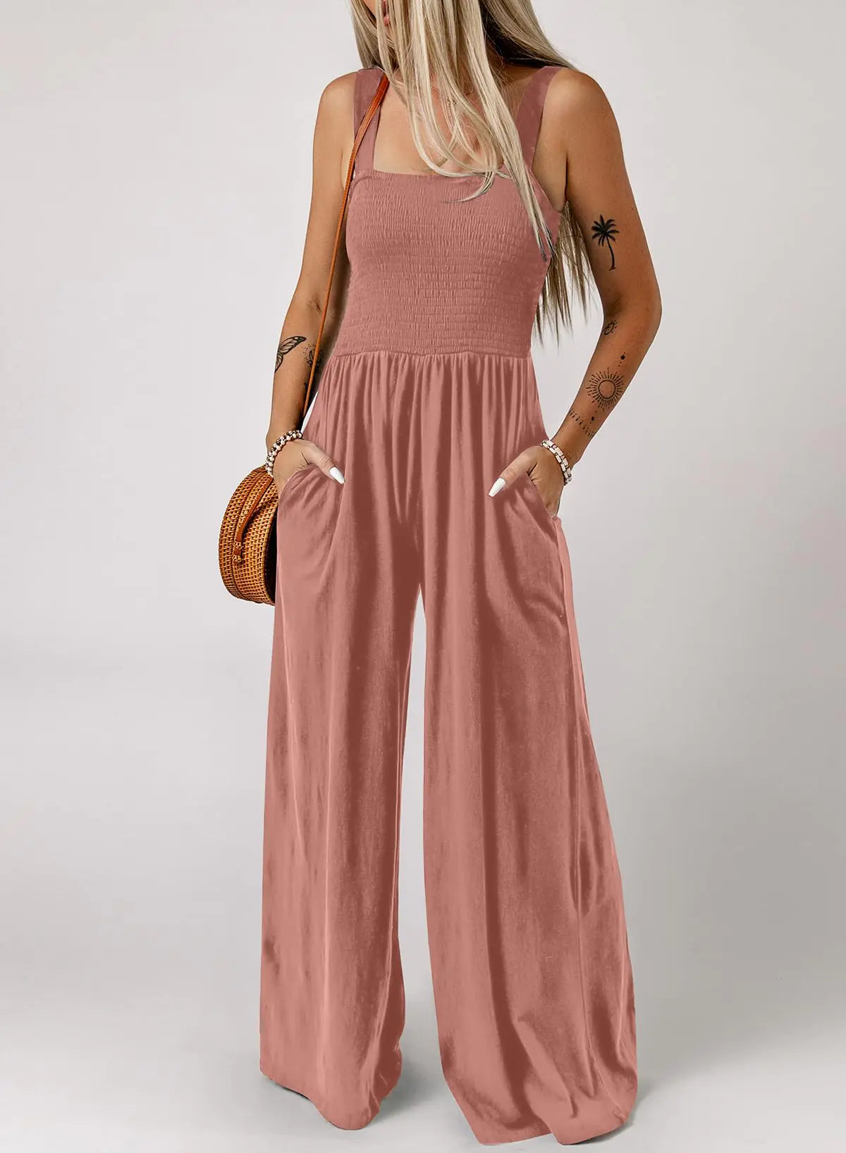 Dokotoo Women's Casual Loose Overalls Jumpsuits One Piece Sleeveless Wide Leg Long Pant Rompers With Pockets X-Small Rose Pink