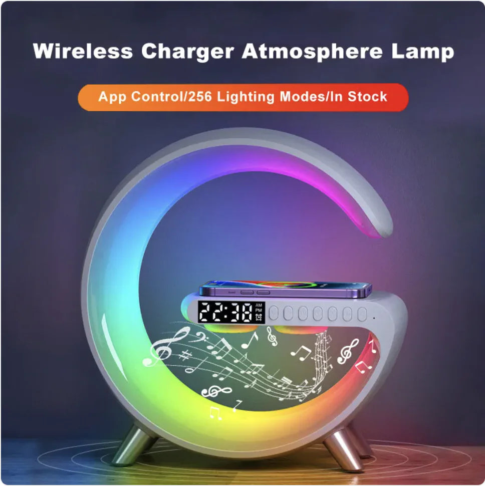 Smart G-Shaped LED Lamp with Bluetooth Speaker & Wireless Charger