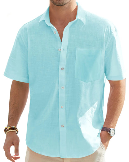 J.VER Men's Cotton Linen Short Sleeve Shirts Casual Lightweight Button Down Shirts Vacation Beach Summer Tops with Pocket 4X-Large Fluorescent Blue