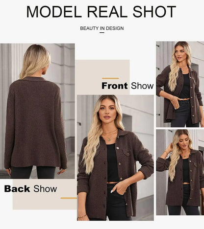 Astylish Women 2024 Waffle Knit Shacket Jacket Casual Long Sleeve Sweater Button Down Shirts Dressy Blouse Top Large Coffee