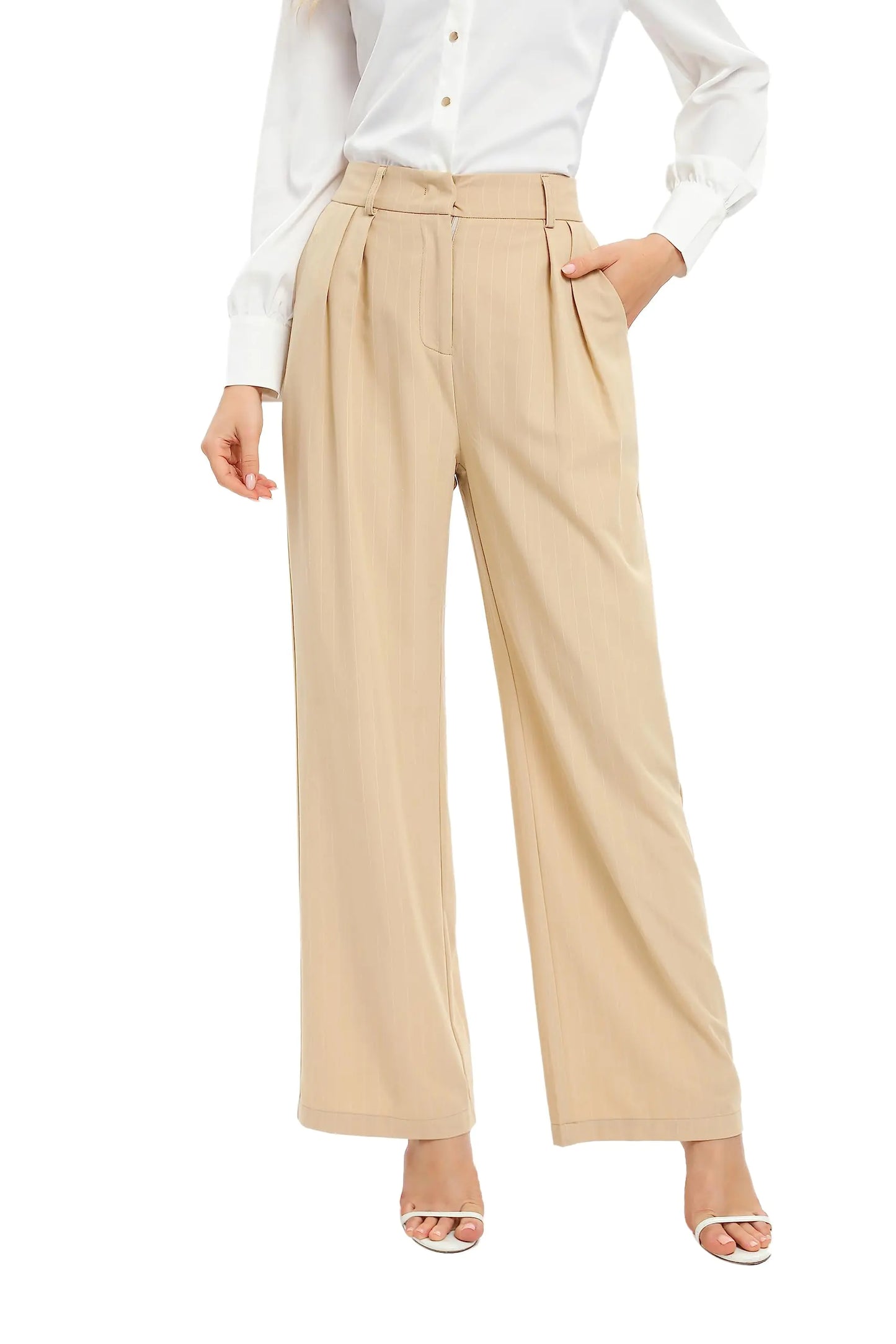 Women Office Wide High Waist Pants Loose Fit Elastic Waist Pleated Front Trousers for Work Casual Small Apricot (Stripe)