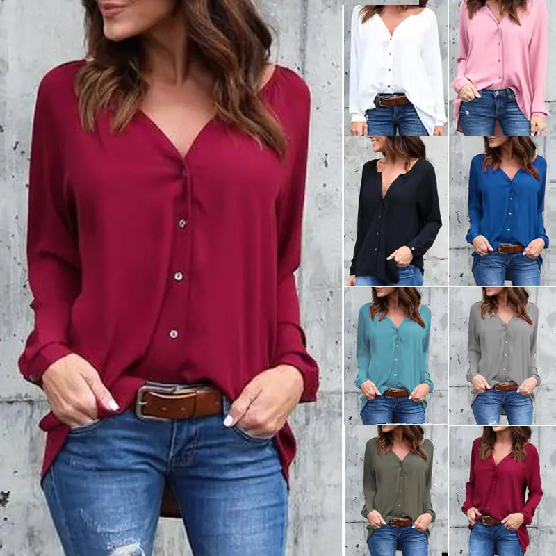 Women's V-Neck Buttoned Chiffon Blouse