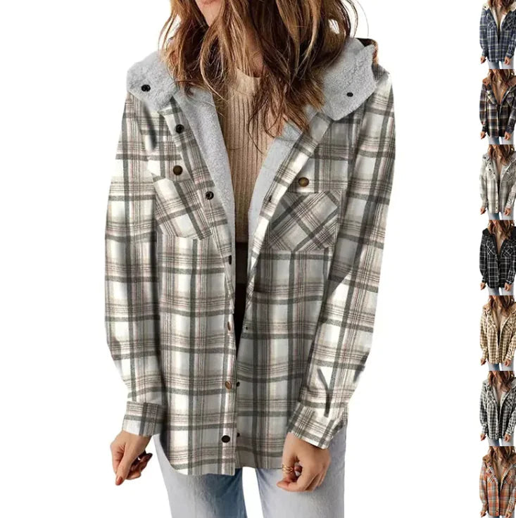 Casual Plaid Hooded Woolen Coat