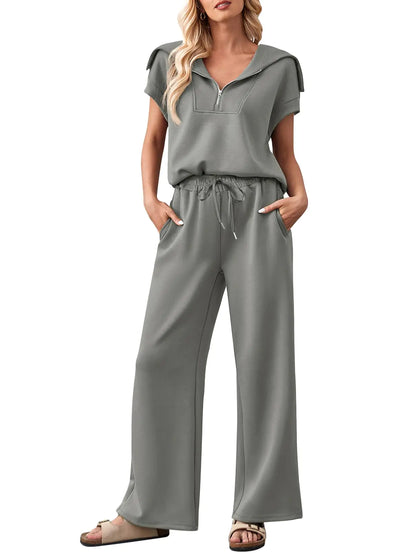 MEROKEETY Women 2 Piece Outfits Sweatsuit Set Half Zip Lapel Collar Short Sleeve Sweatshirt Wide Leg Sweatpant Tracksuit Sets Grey L