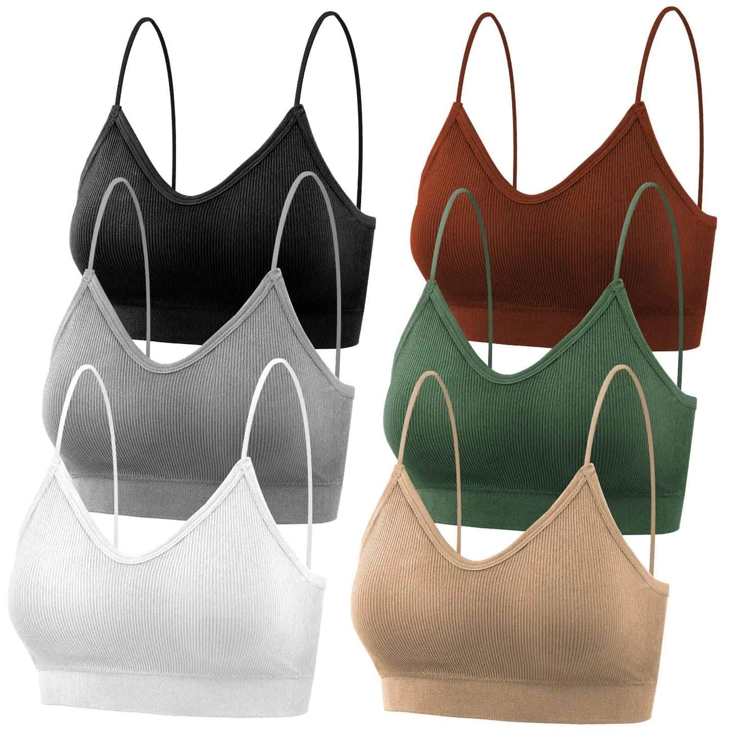 selizo Padded Bralettes for Women, 6 Pcs Sports Bras for Women Pack, V Neck Cami Bando Bra for Women Girls Large-X-Large Black, White, Green, Gray, Beige, Caramel