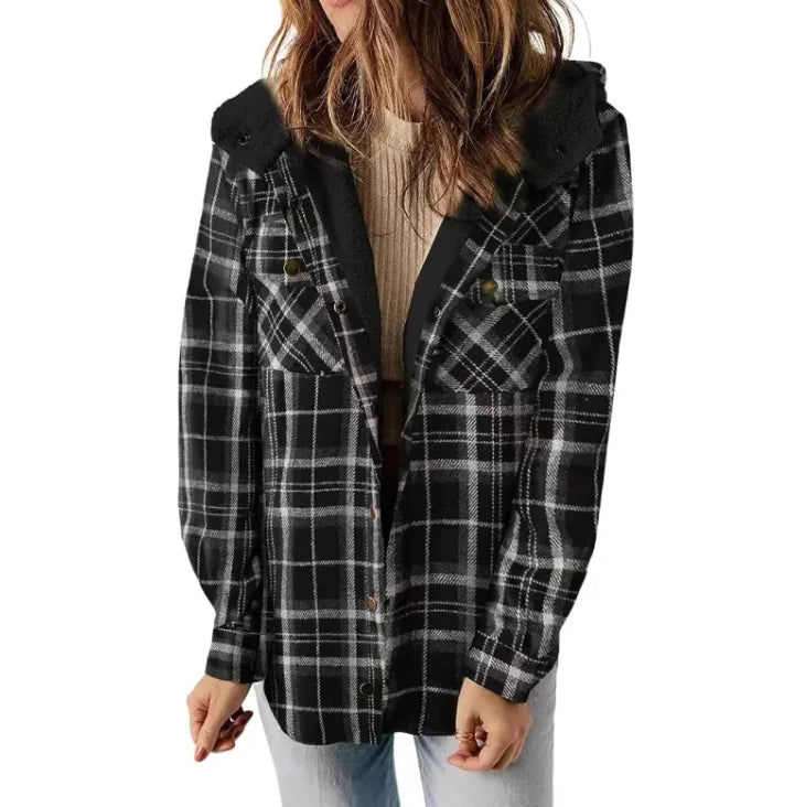 Casual Plaid Hooded Woolen Coat