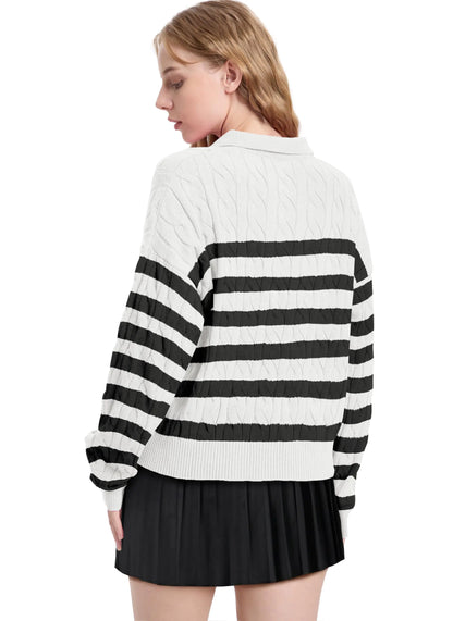 WIHOLL Long Sleeve Sweaters for Women 2024 Fall Winter Outfits Fashion Polo V Neck Clothes Tops 2-black Stripe XX-Large