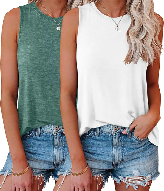 KKJ 2 Pack Womens Tank Tops Crew Neck Sleeveless Summer Cute Tops Loose Fit Basic Workout Casual Shirts 2024 Fashion Clothes Green+white Large