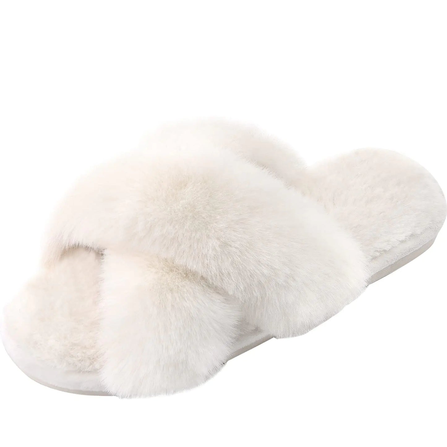 Parlovable Women's Cross Band Slippers Fuzzy Soft House Slippers Plush Furry Warm Cozy Open Toe Fluffy Home Shoes Comfy Indoor Outdoor Slip On Breathable 7-8 Off-white