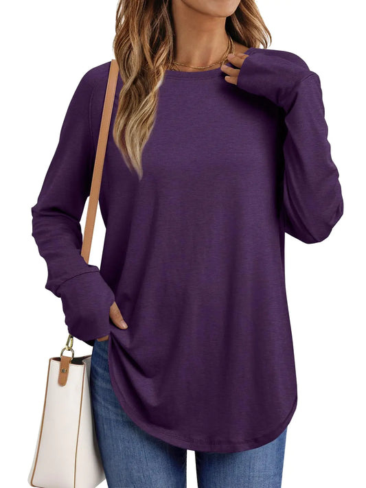 AUTOMET Womens Long Sleeve Shirts Crew Neck Casual Tshirts Fall Fashion Tops Loose Fit Lightweight Y2k Outfits Clothes Purple Small