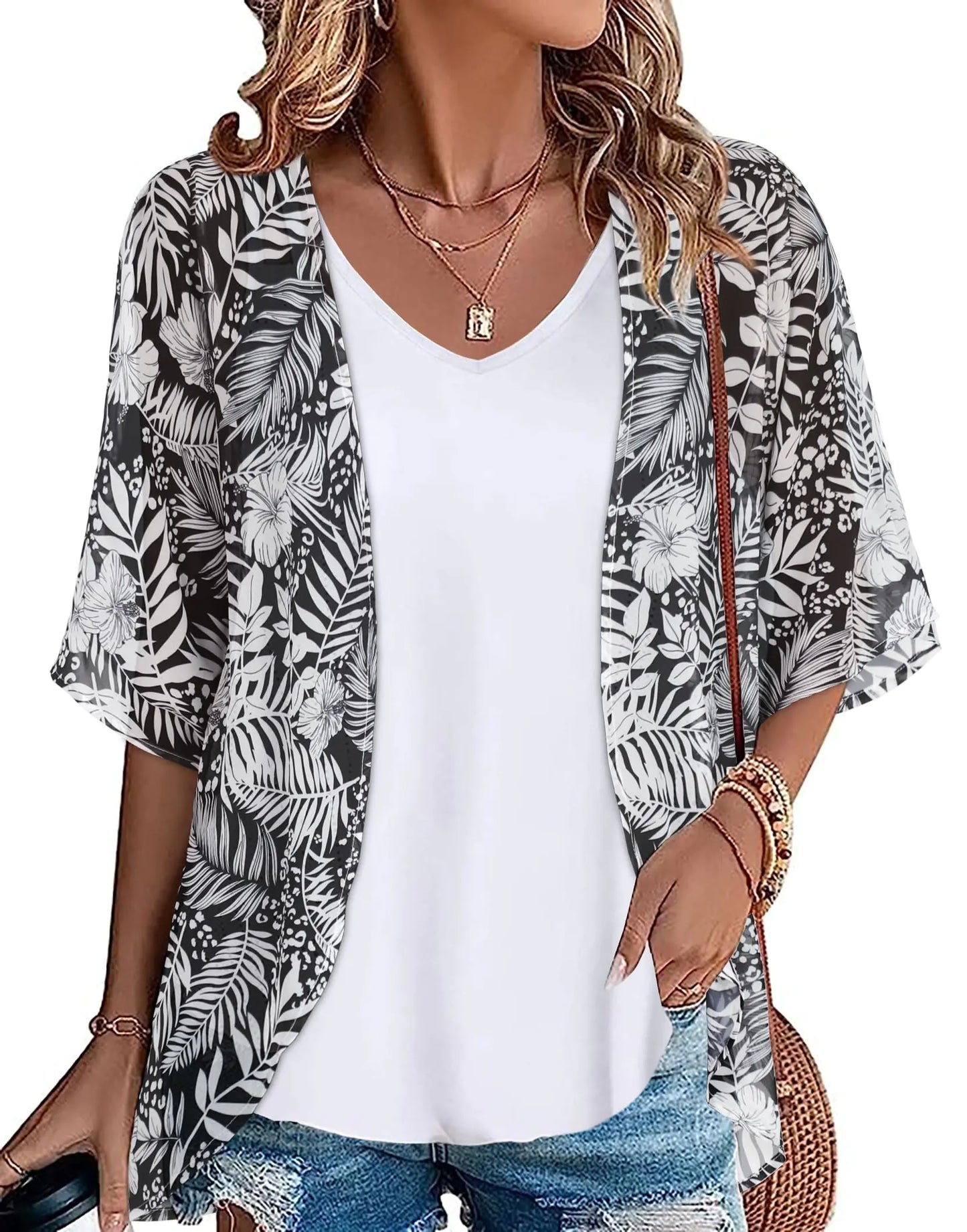 Womens Kimono Beach Cover Up Chiffon Cardigan Floral Tops Loose Capes XX-Large White Leaves