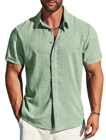 MAPICK Men's Linen Shirts Short Sleeve Button Down Casual Shirt Business Dress Clothing Beach Fashion Summer Tops 3X-Large Green