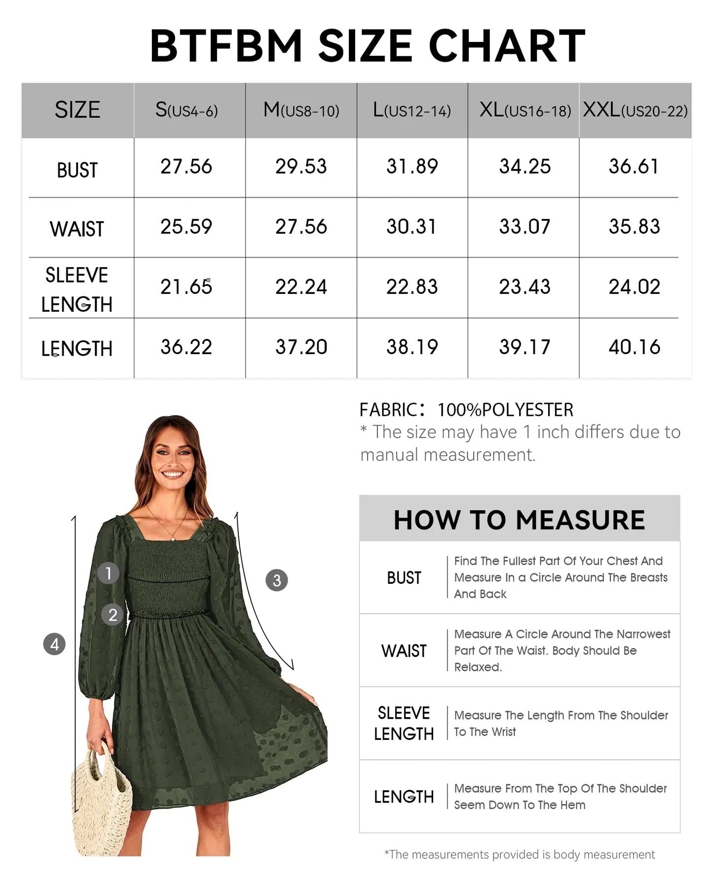 BTFBM Women Square Neck Smocked Dresses 2024 Summer Fall Long Sleeve Floral Swiss Dot Ruffle Party Mini Boho Dress Swiss Dot Army Green Small