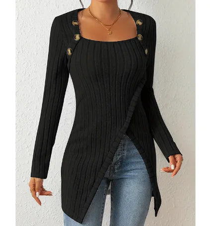 Square-neck Off-shoulder Slit Sweater